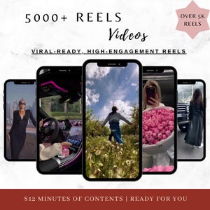 May include: A collage of five smartphone screens showcasing various short videos. The text "5000+ REELS Videos" and "VIRAL-READY, HIGH-ENGAGEMENT REELS" is displayed at the top of the image. The text "OVER 5K REELS" is displayed in a pink star shape at the top right corner of the image. The text "812 MINUTES OF CONTENTS | READY FOR YOU" is displayed at the bottom of the image.