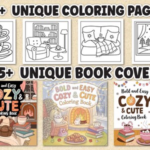 Puede incluir: Un conjunto de tres portadas de libros para colorear con ilustraciones de acogedoras escenas de invierno. Las portadas se titulan "Bold and Easy Cozy & Cute Coloring Book".