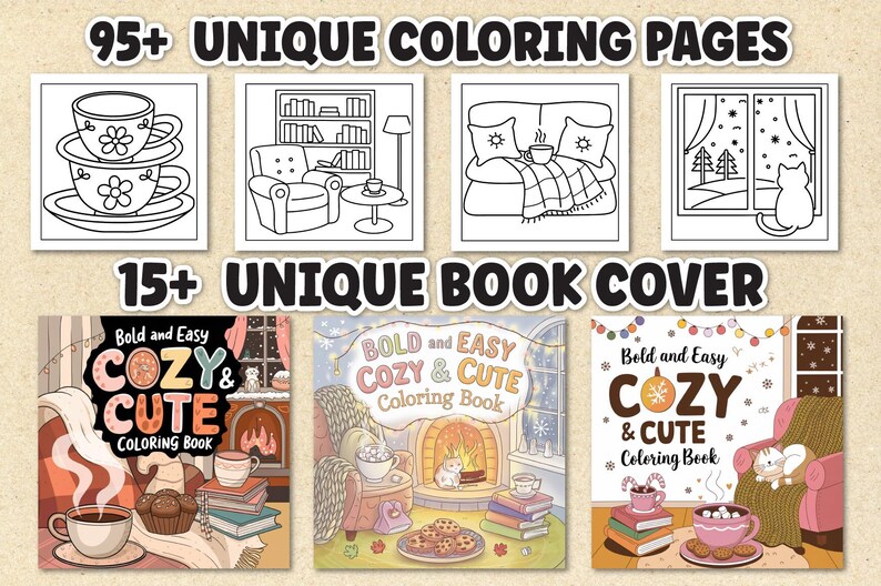 Puede incluir: Un conjunto de tres portadas de libros para colorear con ilustraciones de acogedoras escenas de invierno. Las portadas se titulan "Bold and Easy Cozy & Cute Coloring Book".