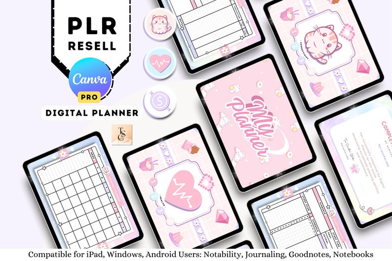 Puede incluir: Una plantilla de planificador digital con un esquema de color rosa y blanco. El planificador presenta un lindo gato de dibujos animados y el texto "My Planner". La plantilla es compatible con usuarios de iPad, Windows y Android.