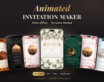 Animierter Einladungsgenerator – Offline-fähig, kein Canva erforderlich | Hochzeit, Nikah, Geburtstag, Babyparty | MP4-Video, PDF, PNG, Teilen-Link