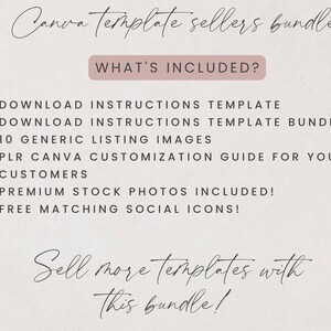 Puede incluir: Un paquete de productos digitales para vendedores de plantillas de Canva. Incluye instrucciones de descarga, im&aacute;genes de listado, una gu&iacute;a de personalizaci&oacute;n, fotos de stock e iconos de redes sociales. El texto dice "Canva template sellers bundle".
