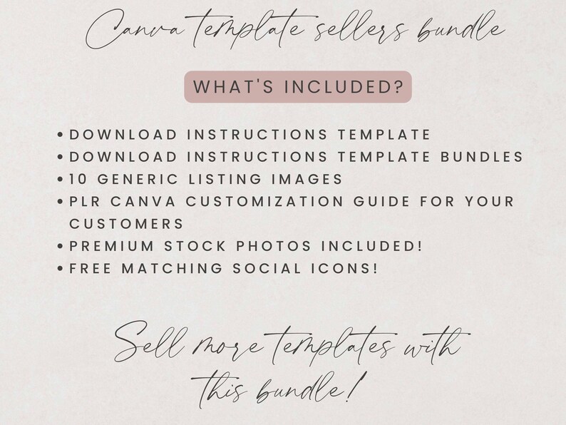 Puede incluir: Un paquete de productos digitales para vendedores de plantillas de Canva. Incluye instrucciones de descarga, im&aacute;genes de listado, una gu&iacute;a de personalizaci&oacute;n, fotos de stock e iconos de redes sociales. El texto dice "Canva template sellers bundle".