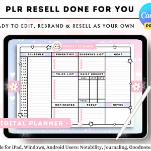 Puede incluir: Una plantilla de planificador digital con un fondo de color rosa, azul y morado pastel. El planificador incluye secciones para un horario, prioridades, lista de compras, memo, lista de tareas, presupuesto diario, tareas sin terminar, tareas de hoy y notas. El texto "SUNDAY PLANNER" est&aacute; en la parte superior de la p&aacute;gina.