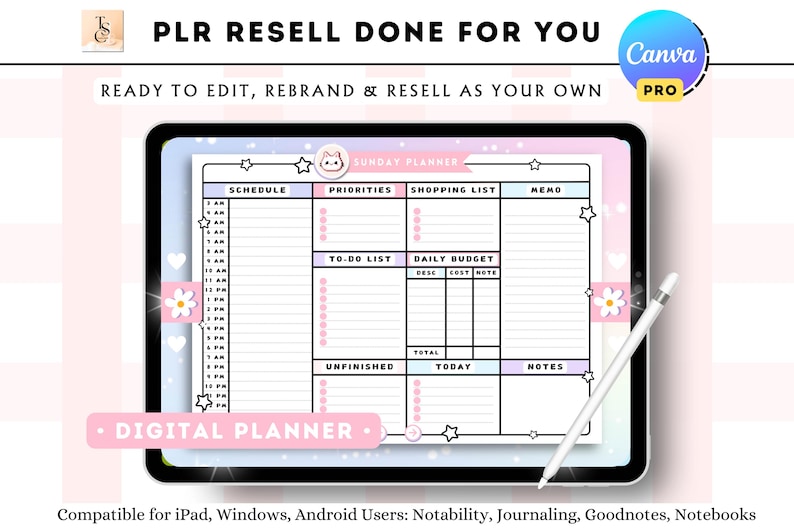 Puede incluir: Una plantilla de planificador digital con un fondo de color rosa, azul y morado pastel. El planificador incluye secciones para un horario, prioridades, lista de compras, memo, lista de tareas, presupuesto diario, tareas sin terminar, tareas de hoy y notas. El texto "SUNDAY PLANNER" est&aacute; en la parte superior de la p&aacute;gina.