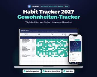 Habit Tracker 2027 Gewohnheitstracker Google Sheets & Excel Vorlage, Kein Canva, Gewohnheiten App Offline, Digitaler Planer, Ziele