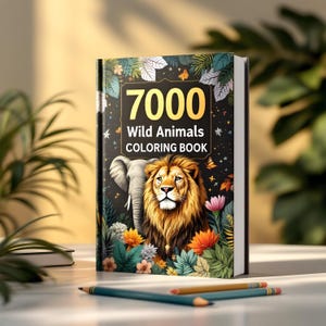 May include: A black coloring book with a colorful illustration of a lion and an elephant surrounded by flowers and leaves. The title of the book is "7000 Wild Animals Coloring Book".