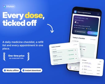 Medication Tracker App, Pill Tracker, Medicine Log, Doctor Appointment Tracker, Health Planner, Caregiver Organizer, Offline