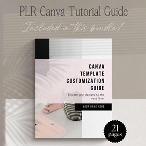 Puede incluir: Una Gu&iacute;a de personalizaci&oacute;n de plantillas de Canva con el texto "PLR Canva Tutorial Guide" y "Included in this bundle!". La portada es rosa claro y blanca con texto negro. La gu&iacute;a incluye 21 p&aacute;ginas y tiene una taza a rayas blancas y negras y una bandeja rosa.