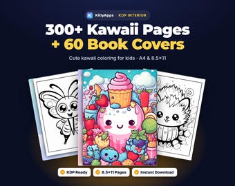 May include: A digital collection of 300+ Kawaii Pages and 60 Book Covers featuring coloring sheets for kids. The central image shows a colorful illustration of a cupcake surrounded by fruit, flanked by two black and white line art pages.