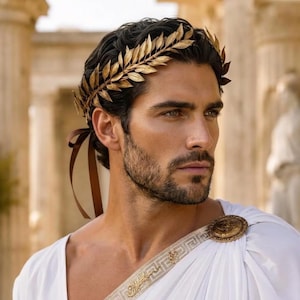 Peut inclure: Une couronne de laurier dorée avec un ruban marron portée sur des cheveux foncés. L'accessoire présente des feuilles métalliques disposées en cercle. Il est associé à un vêtement blanc avec une broche circulaire et une bordure dorées.