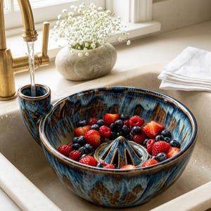 Puede incluir: Un cuenco colador de cerámica esmaltada en azul y marrón con un surtidor de agua integrado y un cono de drenaje central, lleno de fresas y arándanos frescos, colocado bajo un grifo de cocina de latón en un fregadero de piedra.