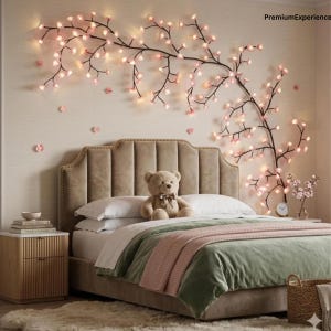 May include: A bedroom featuring a beige upholstered headboard, a teddy bear, and a wall-mounted light fixture shaped like a sprawling tree branch with glowing pink flower-shaped lights. The text PremiumExperience is visible in the top right corner.
