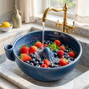 May include: A deep blue ceramic berry colander bowl with a central cone and side handle, filled with water, fresh red strawberries, dark blueberries, and a sprig of green mint leaves, positioned under a brass kitchen tap in a marble sink.
