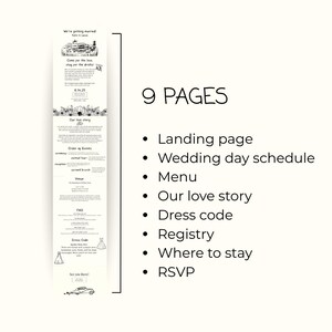 May include: A black and white illustration of a wedding invitation with 9 pages. The pages include a landing page, wedding day schedule, menu, our love story, dress code, registry, where to stay, and RSVP.