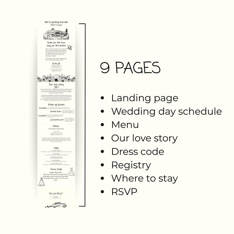 May include: A black and white illustration of a wedding invitation with 9 pages. The pages include a landing page, wedding day schedule, menu, our love story, dress code, registry, where to stay, and RSVP.