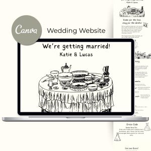 May include: A black and white illustration of a wedding invitation with a table setting featuring a teapot, bowls, and plates. The text on the invitation reads "We're getting married! Katie & Lucas".