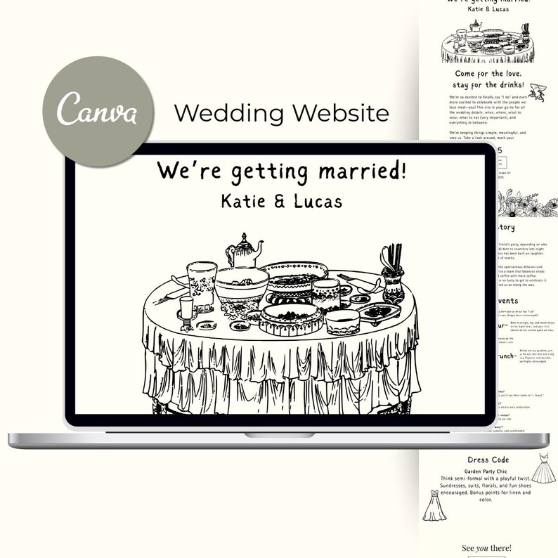May include: A black and white illustration of a wedding invitation with a table setting featuring a teapot, bowls, and plates. The text on the invitation reads "We're getting married! Katie & Lucas".