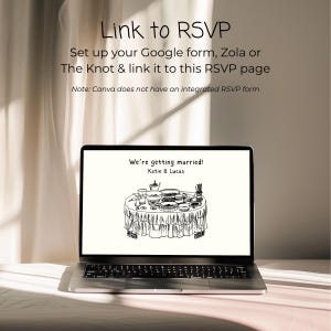 May include: A laptop computer displaying a wedding announcement with the text "We're getting married! Katie & Lucas". The announcement features a black and white illustration of a table with food and drinks.