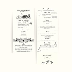 May include: A black and white wedding invitation with a floral design. The invitation includes the couple's names, the date of the wedding, and the location of the ceremony. It also includes information about the dress code, which is garden party chic.