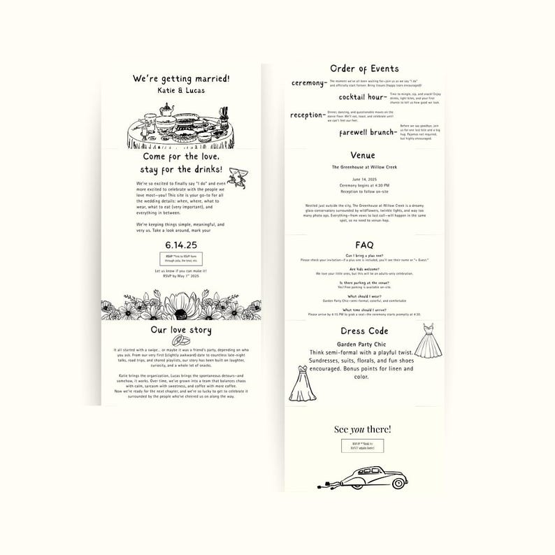 May include: A black and white wedding invitation with a floral design. The invitation includes the couple's names, the date of the wedding, and the location of the ceremony. It also includes information about the dress code, which is garden party chic.