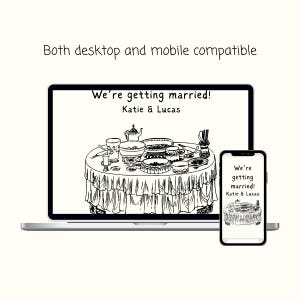 May include: Black and white illustration of a wedding announcement with a table setting and the text "We're getting married! Katie & Lucas".
