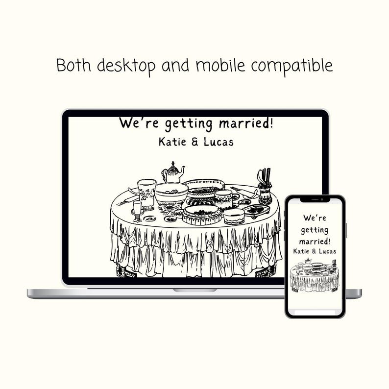 May include: Black and white illustration of a wedding announcement with a table setting and the text "We're getting married! Katie & Lucas".