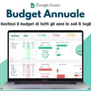 Può includere: Uno schermo di laptop che mostra un foglio di calcolo di Google Sheets con il titolo "Budget Annuale". Il foglio di calcolo mostra un budget per febbraio 2025, con categorie per entrate e spese. Il foglio di calcolo include anche grafici e diagrammi per visualizzare i dati.