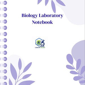 May include: A white notebook with the text "Biology Laboratory Notebook" in dark blue. The cover features a light purple leaf design and the LabLife Studio logo. The notebook has a spiral binding on the left side.