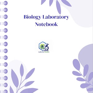 May include: A white spiral-bound notebook with the title "Biology Laboratory Notebook" in dark blue. The cover features light purple leaf designs and the "LabLife Studio" logo. The bottom of the cover reads "LabLife Studios" in green.