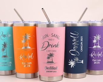 Custom Beach Vacation Tumbler, Personalized Girls Trip Cup, Tropical Travel Cup With Straw