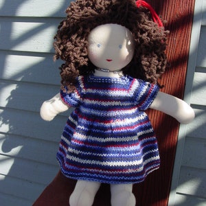 Hand Knitted Wool Blend Doll Dress for Waldorf Style Doll in Red, White, and Blue