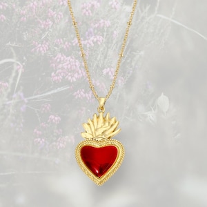 Collana pendente Cuore Sacro grande / Ex Voto placcata in oro e smalto rosso