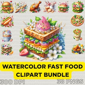 Watercolor Fast Food Clipart Bundle | 38 PNGs | Junk Food Illustration Set