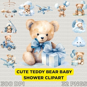 Cute Teddy Bear Baby Shower Clipart | 32 PNG Baby Graphics | Nursery Bear Art