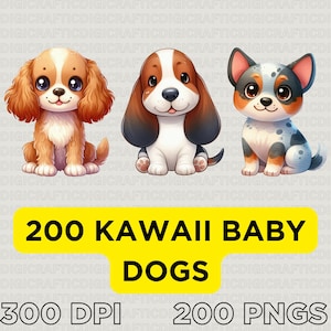 200 Kawaii Baby Dog Clipart Bundle | Cute Puppy Digital PNGs | Adorable Puppy Sublimation Design | Pet Lover Graphics | Instant Download