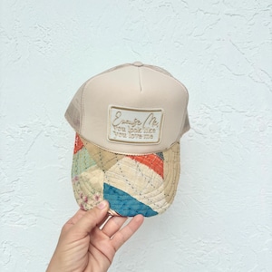 Vintage Quilt Trucker Hat | Ursäkta mig-patch-keps, återvunnen Cottagecore-stil