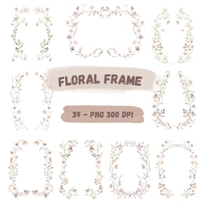 May include: Watercolor floral frames in various shapes, including oval and rectangular designs. The frames feature delicate flowers and leaves in soft pastel colors. The text "FLORAL FRAME" is displayed above a smaller text that reads "39 - PNG 300 DPI".