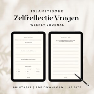 May include: A printable A5 size weekly journal with a black and white design. The journal is titled "Islamic Self-Reflection Questions Weekly Journal". The left page has a section for weekly gratitude and the right page has a section for self-reflection questions.