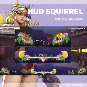 May include: A digital overlay design labeled "HUD SQUIRREL" in 1920 x 1080px. The design includes a character illustration, health bars, and a percentage indicator. The overlay features floral accents and the text "275/275" and "33%".