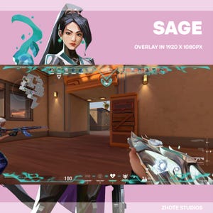 Peut inclure: Une superposition numérique pour le jeu Valorant, mettant en vedette le personnage Sage. La superposition est dans une palette de couleurs rose et sarcelle, avec le texte "SAGE" et "OVERLAY IN 1920 X 1080PX". L'image montre également des éléments du jeu.