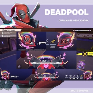 May include: A digital overlay featuring the Deadpool character in a video game interface. The design includes a red and black color scheme, with text that reads "DEADPOOL" and "OVERLAY IN 1920 X 1080PX". The interface displays health bars and other game elements.