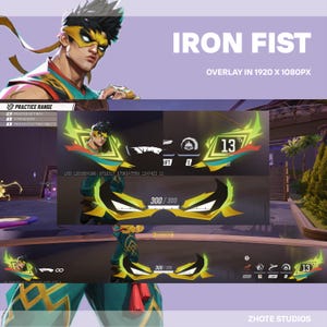 Op de afbeelding: Een digitale overlay voor een videogame, met de tekst "IRON FIST" en "OVERLAY IN 1920 X 1080PX." Het ontwerp bevat een karakterportret, gestileerde graphics en game-interface-elementen met het nummer "13" en de tekst "300/300."
