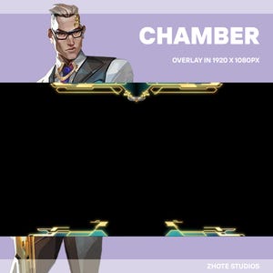 Peut inclure: Superposition numérique avec le personnage Chamber de Valorant. L'image a un fond violet avec le portrait du personnage et le mot "CHAMBER" en blanc. La superposition est conçue pour une résolution de 1920 x 1080px.