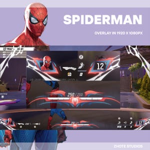 May include: A digital overlay featuring the character Spider-Man. The design includes a portrait of Spider-Man, along with game interface elements in red, blue, and white. Text includes "SPIDERMAN" and "OVERLAY IN 1920 X 1080PX".