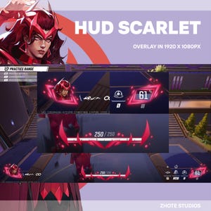 以下が含まれることがあります： 「HUD SCARLET」と「OVERLAY IN 1920 X 1080PX」のテキストが入ったデジタルオーバーレイデザイン。キャラクターのポートレート、体力バー、ゲームインターフェース要素を赤と白の色合いで表現しています。