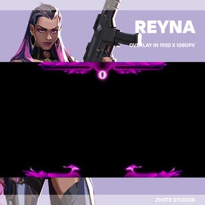 Könnte beinhalten: Ein digitales Overlay mit der Figur Reyna aus Valorant, mit einem lila und schwarzen Farbschema. Das Overlay enthält den Text "Reyna" und "Overlay in 1920 x 1080px". Das Bild zeigt auch das Logo "Zhote Studios".
