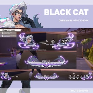 May include: A digital overlay design featuring the text "BLACK CAT" and a character illustration. The design includes purple and white accents, with elements like health bars and a percentage indicator. The overlay is designed for a 1920 x 1080px display.