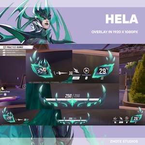 Peut inclure: Un overlay numérique pour un jeu, avec le personnage Hela dans des tons de teal et de violet. L'overlay comprend des éléments d'interface utilisateur du jeu tels que des barres de santé, des icônes de capacité et un affichage en pourcentage. Le texte comprend "HELA".