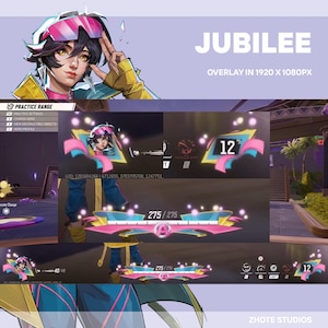 Può includere: Un overlay di gioco digitale intitolato JUBILEE con risoluzione 1920 x 1080px. Il design presenta un personaggio stilizzato con capelli scuri e occhiali rosa, incorporando vivaci elementi grafici rosa, gialli e blu, barre della salute e icone UI.